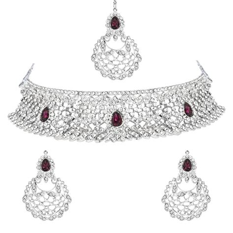 Etnico Silver Plated Traditional Design Stone Work Choker Necklace Jew ...