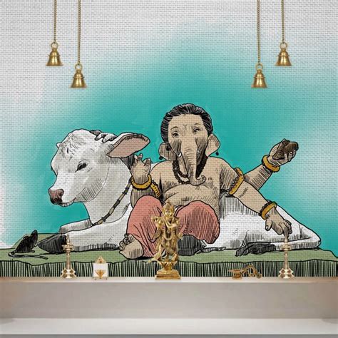 Ganesh ji Portarit Art Wallpaper With A Calf - Magicdecor®