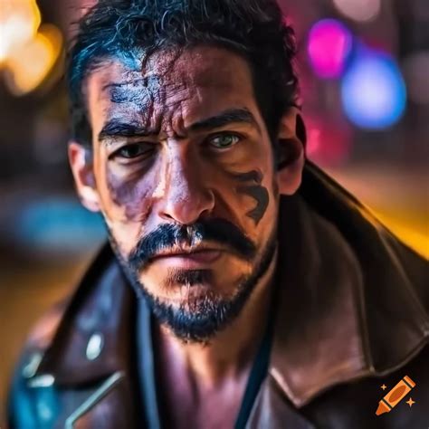 Portrait of a rugged Spanish man with burn scars in San Francisco at ...