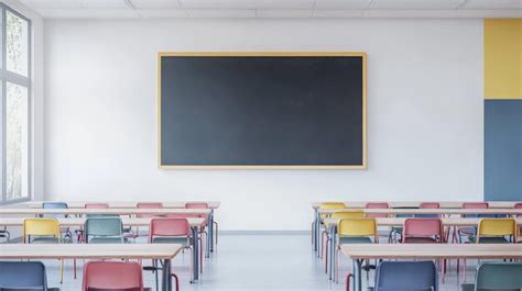 Minimalist interior of a modern school classroom with a chalkboard on a ...