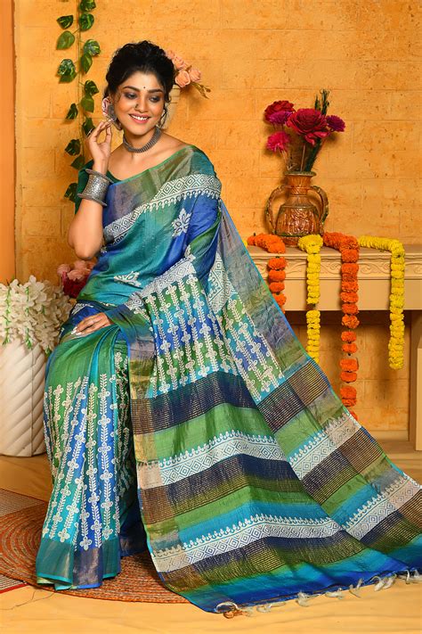 Multi Colour Block Printed Zari Border Pure Silk Mark Certified Tussar ...