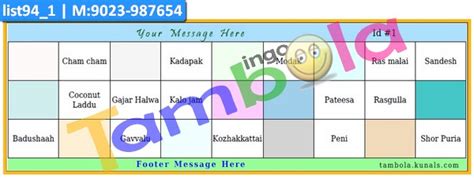 Sweets Name Tambola Housie in Sweets theme