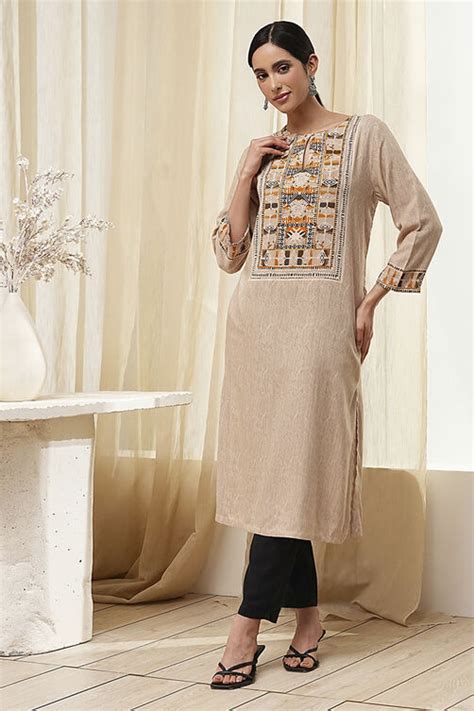 Beige Printed Straight Kurta at Biba India