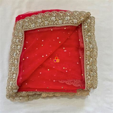 Bridal Zareen Red Stone Hand Embroidered Net Dupatta – anokherang
