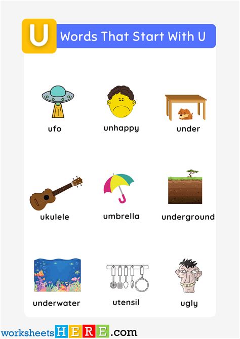 Words That Start With U List and Pictures For Kids Printable PDF ...
