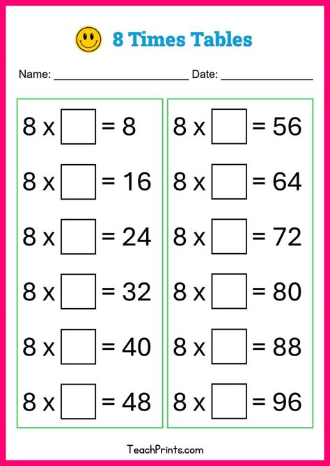 Free Eight Times Tables Worksheets (8 Versions) - Teach Prints