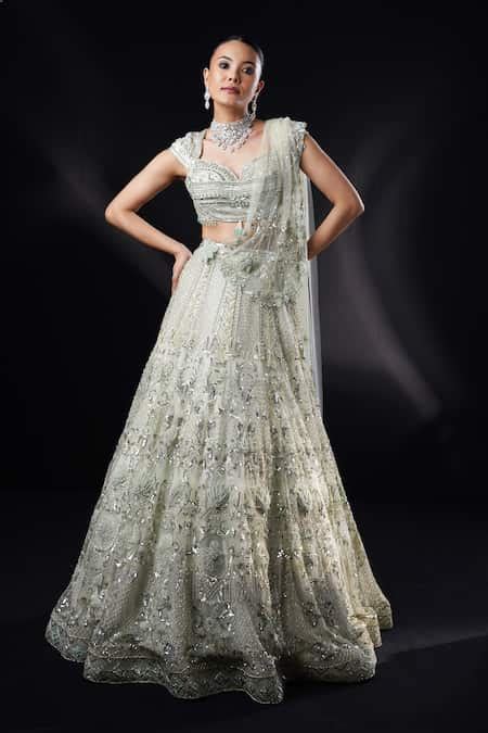 Buy Green Organza Embroidery 3d Flower Emily Applique Bridal Lehenga ...