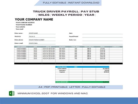 Truck Driver Pay Roll Earning Statement Template Pay Slip Creator for ...