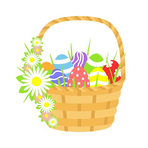 Vector illustration. Large basket with Easter eggs and flowers. Clip ...