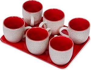 Buy Tea Cups Tray Set of 6 White and Red Cups with Melamine Tray from ...