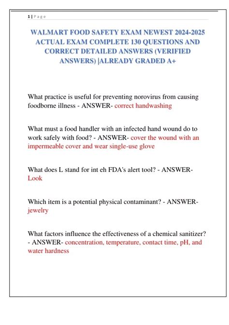 WALMART FOOD SAFETY EXAM NEWEST ACTUAL EXAM COMPLETE 130 QUESTIONS AND ...