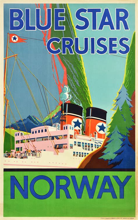 Unknown - Original Vintage Travel Poster Blue Star Cruises Norway Fjord ...