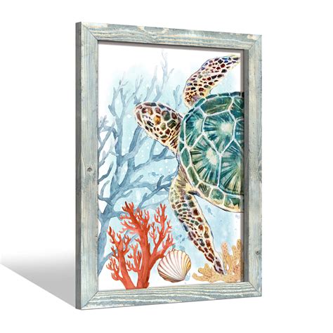 Amazon.com: Sea Turtle Wood Wall Art: Ocean Animal Bathroom Framed ...