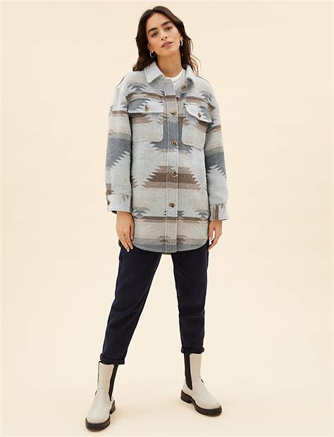 Buy Printed Relaxed Shacket with Wool at Marks & Spencer