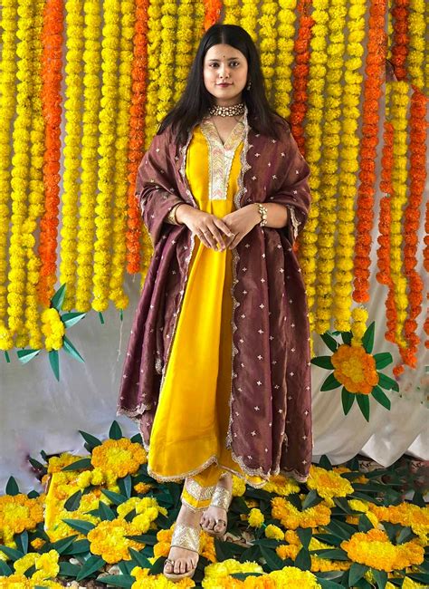 Yellow Banarasi Tissue Anarkali Set with Dupatta – Anvi Ethnics
