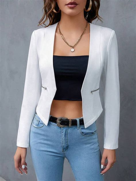 SHEIN Privé Solid Open Front Work Women Crop Blazer | SHEIN USA