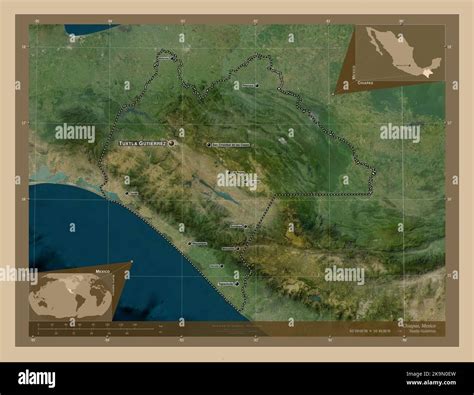 Chiapas, state of Mexico. Low resolution satellite map. Locations and ...