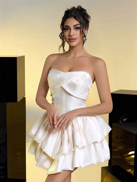 SHEIN Belle Romantic, Elegant, Noble, Milky White, Satin, Tube Top ...