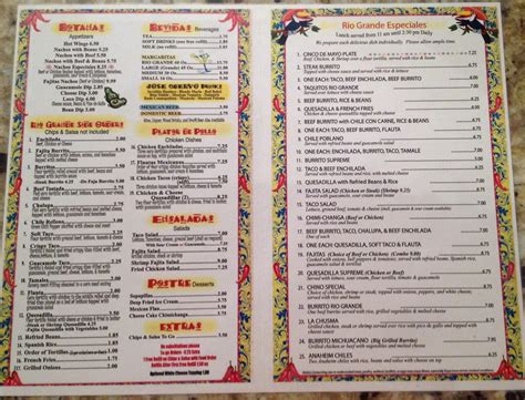 Menu at Rio Grande restaurant, Hattiesburg, 153 Turtle Creek Dr