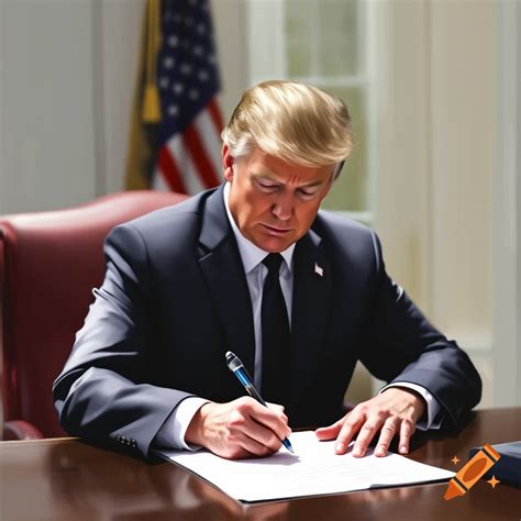 A man resembling Donald Trump sits at a desk in an office with an ...