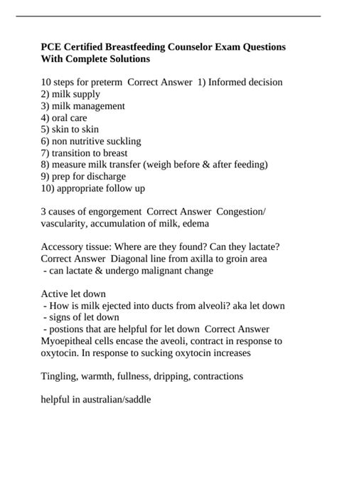 PCE Certified Breastfeeding Counselor Exam Questions With Complete ...