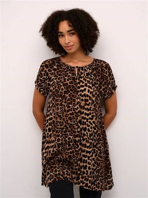 KAFFE Amber Short Sleeve Scoop Neck Tunic, Classic Leopard
