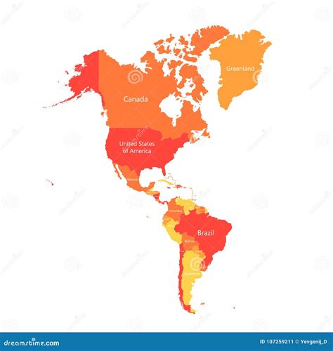 Vector South America and North America Map with Countries Borders. Abstract Red and Yellow ...