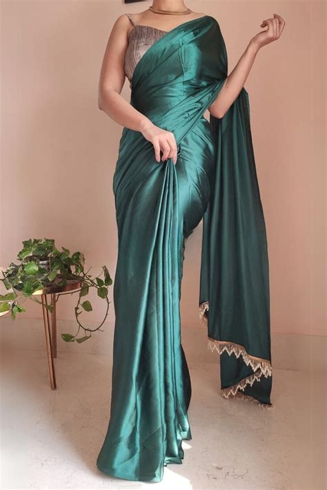 Glorious 1-Minute Ready To Wear Emerald Green Satin Silk Saree – Minneri.in