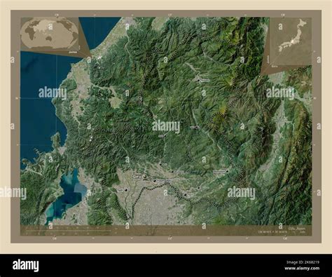 Gifu, prefecture of Japan. High resolution satellite map. Locations and names of major cities of ...