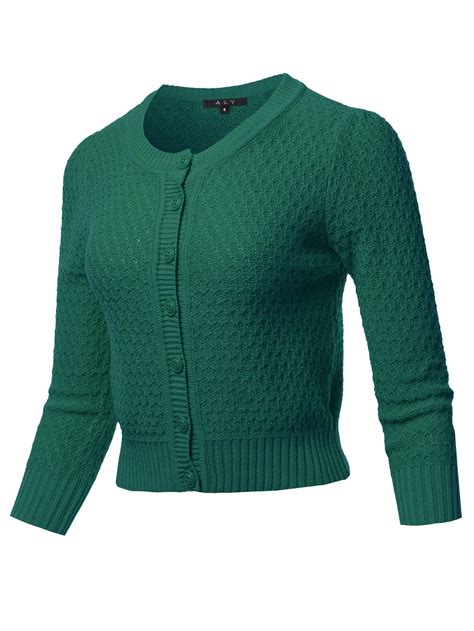 A2Y Women's Solid Cropped 3/4 Sleeve Button Down Crew Neck Knit ...