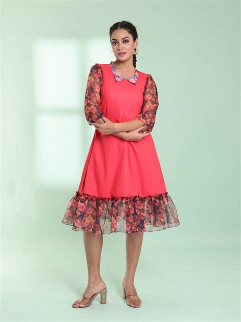 Peach Cotton Solid A-line Ethnic Dress With Ruffle – Charukriti