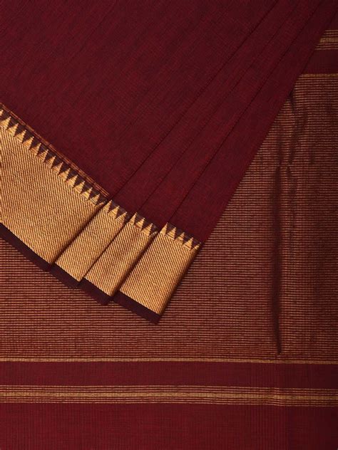 Maroon Mangalgiri Cotton Handloom Saree with Strips and Zari Border De ...