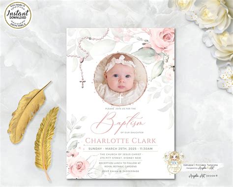 DELICATE - Baptism Invitation Girl Template With Photo, Rosary Girl ...