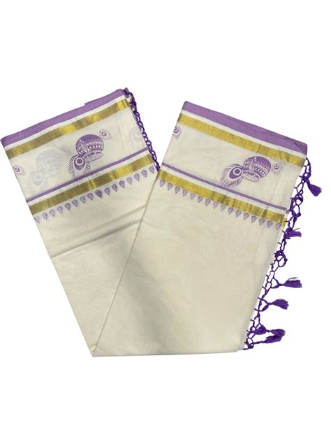 Southloom Cotton Kasavu Saree with Hand Printed Design on Border ...