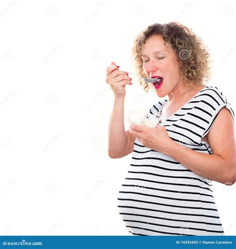 Happy Pregnant Woman Eating and Enjoying Ice Cream Stock Photo - Image ...