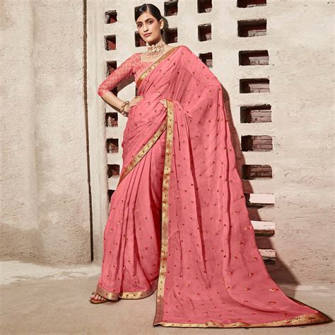 Peach Floral Embroidered Chiffon Saree