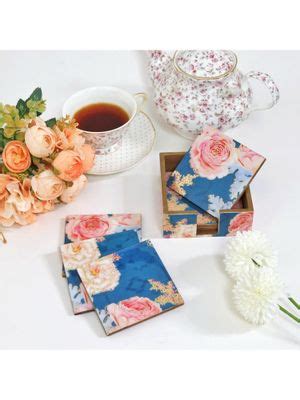 Buy CasaGold Blue Floral Set of 6 Coasters with Stand | Resin With MDF ...