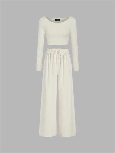 Round Neck Crop Top & Drawstring High Waist Straight Leg Trousers For ...