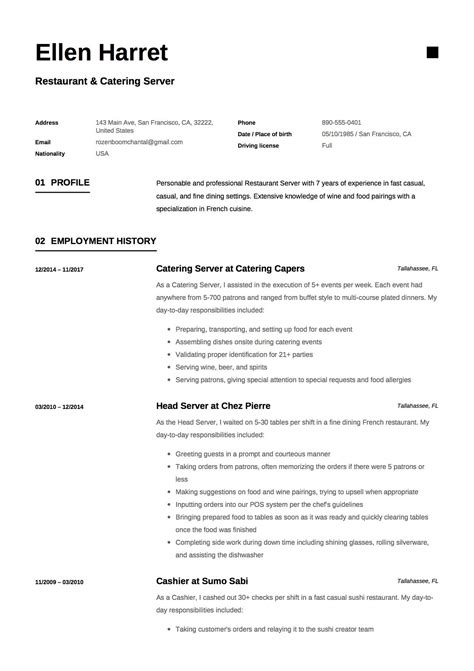Brilliant Server Resume Sample Template With Experience