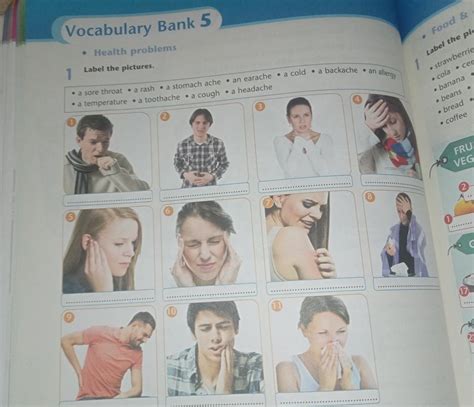 Health problems Label the pictures. 1 • a sore throat a rash a stomach ache an earache a cold a ...