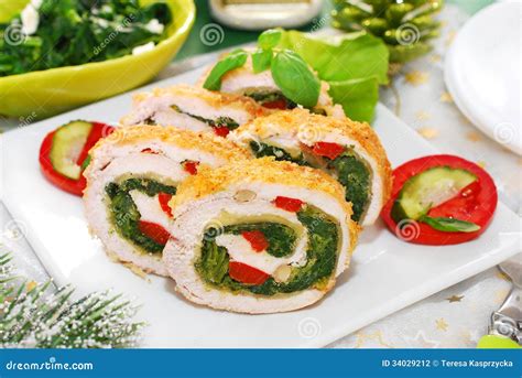 Chicken Roulade with Spinach for Christmas Stock Photo - Image of ...