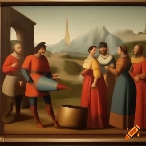 Group of 10th century spanish people crafting a water rocket in old ...