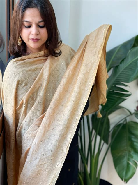 Golden Handwoven Muga Silk dupattas with Hand Embroidery - Masakalee