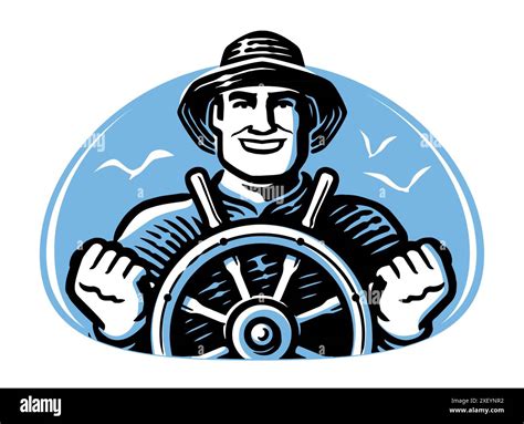 Happy fisherman on fishing boat. Ship captain at helm wheel. Emblem or ...