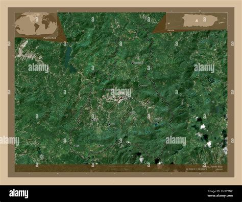 Jayuya, municipality of Puerto Rico. Low resolution satellite map. Locations and names of major ...