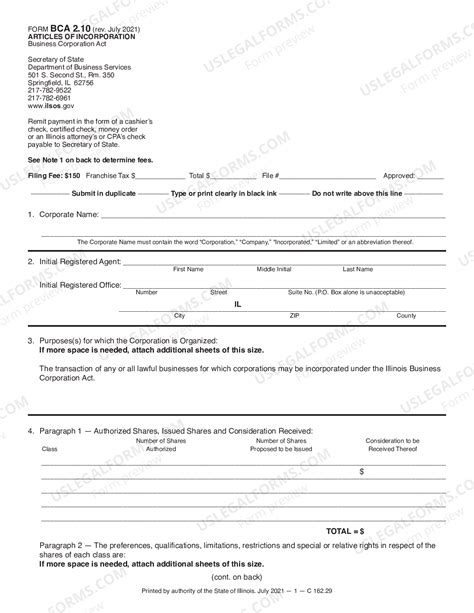 Illinois Articles of Incorporation for Domestic For - Articles Of ...