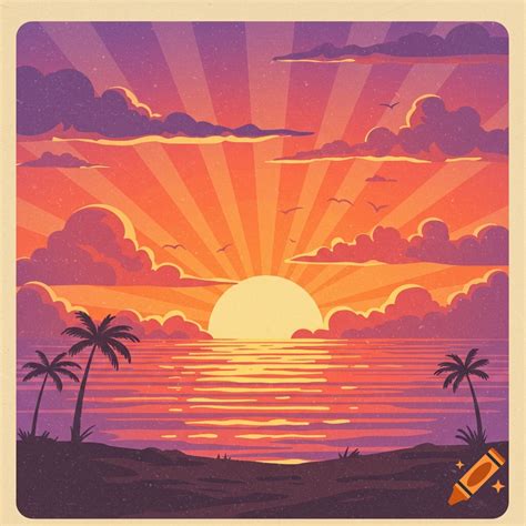 Retro style drawing of a sunset over the ocean with palm trees on a ...