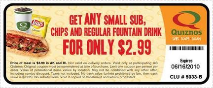 Quiznos $2.99 Meal Small Sub, Reg. Drink & Chips Printable Coupon ...