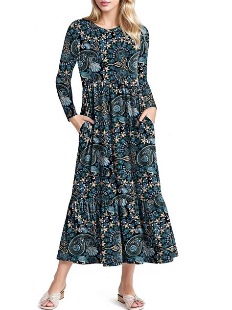 Mengpipi Women’s Fall Dress Casual Long Sleeve Crew Neck Dress Tiered ...
