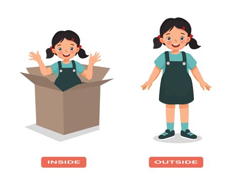 Opposite adjective antonym words inside and outside illustration of little girl with box ...